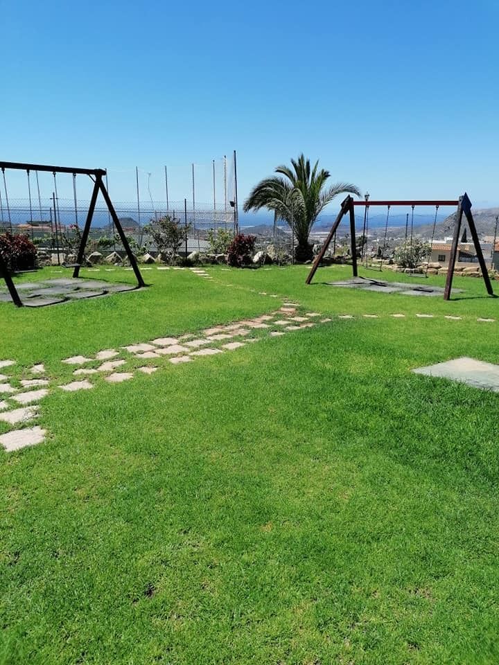 Hay dos columpios en el medio de un exuberante campo verde.