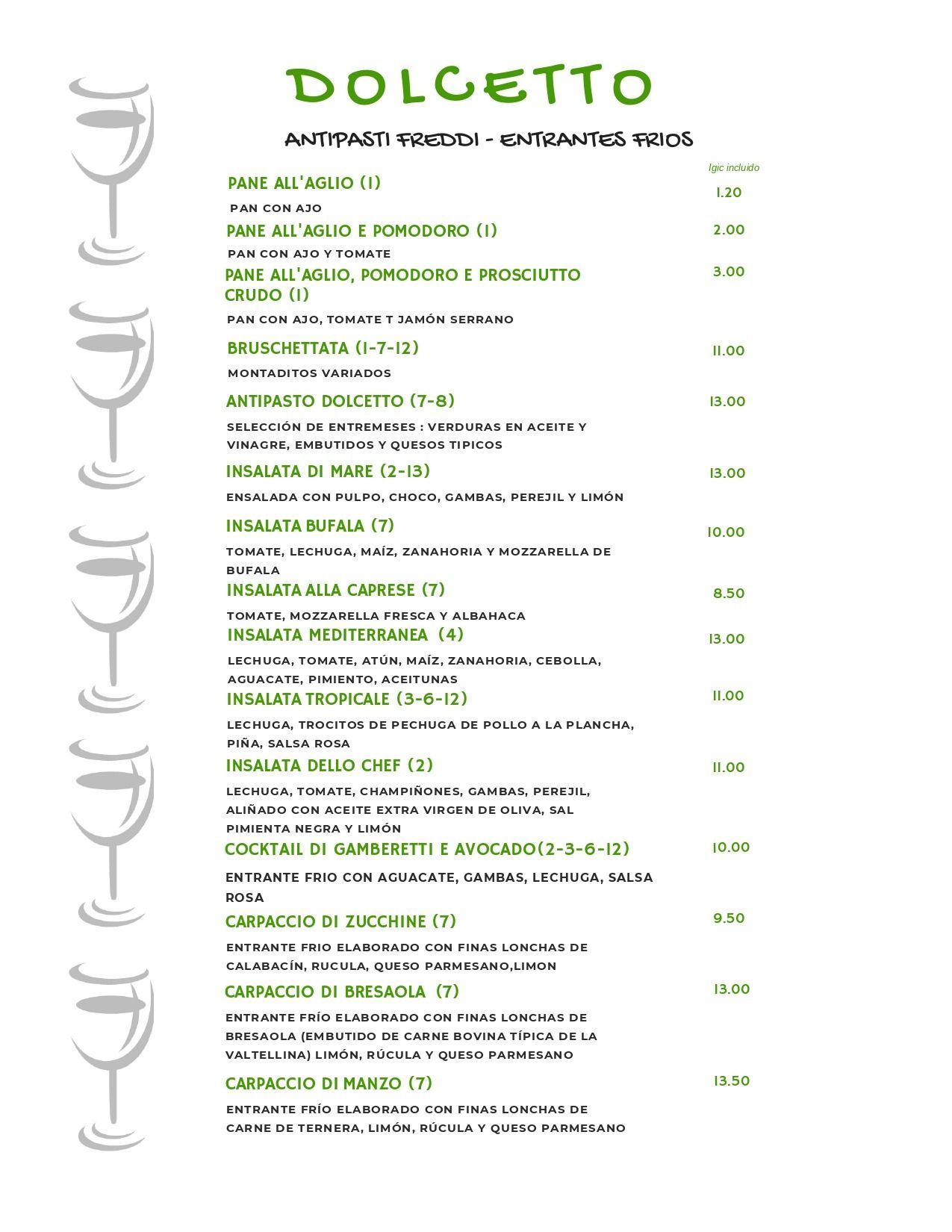 Un menú para un restaurante llamado Dolcetto con mucha comida.