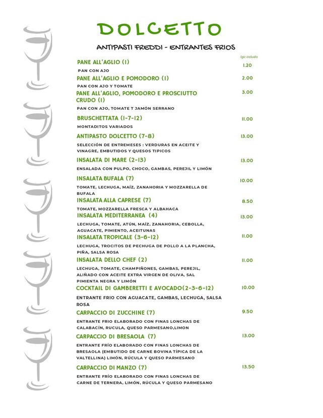 Un menú para un restaurante llamado Dolcetto con mucha comida.