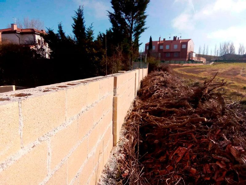 Una pared de ladrillos con una pila de madera delante.
