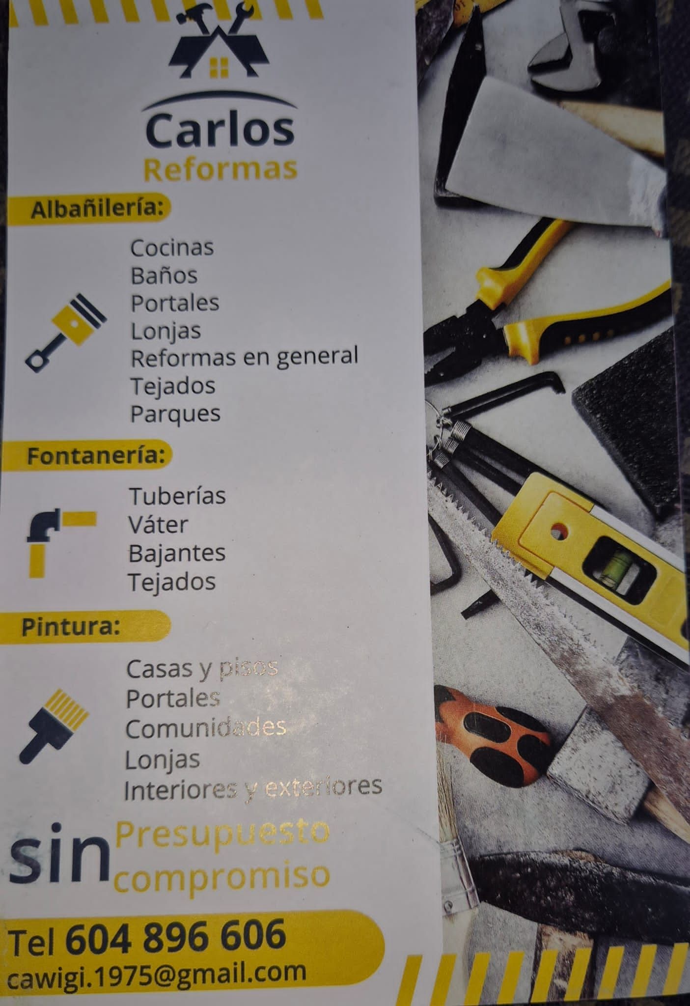 Un volante de Carlos Reformas tiene una imagen de herramientas.