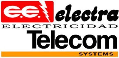 Logotipo de Electra Electrician Telecom Systems en rojo, negro y naranja.