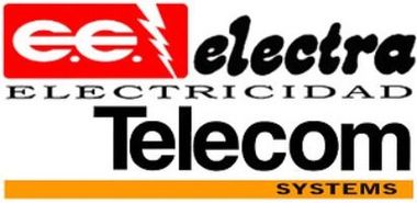 Logotipo de Electra Electrician Telecom Systems en rojo, negro y naranja.