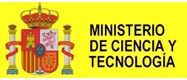 Logotipo del gobierno español con escudo de armas y fondo amarillo con la inscripción “Ministerio de Ciencia y Tecnología”.