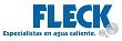 Logotipo de FLECK con letras azules y un pequeño subtítulo gris sobre un fondo blanco.