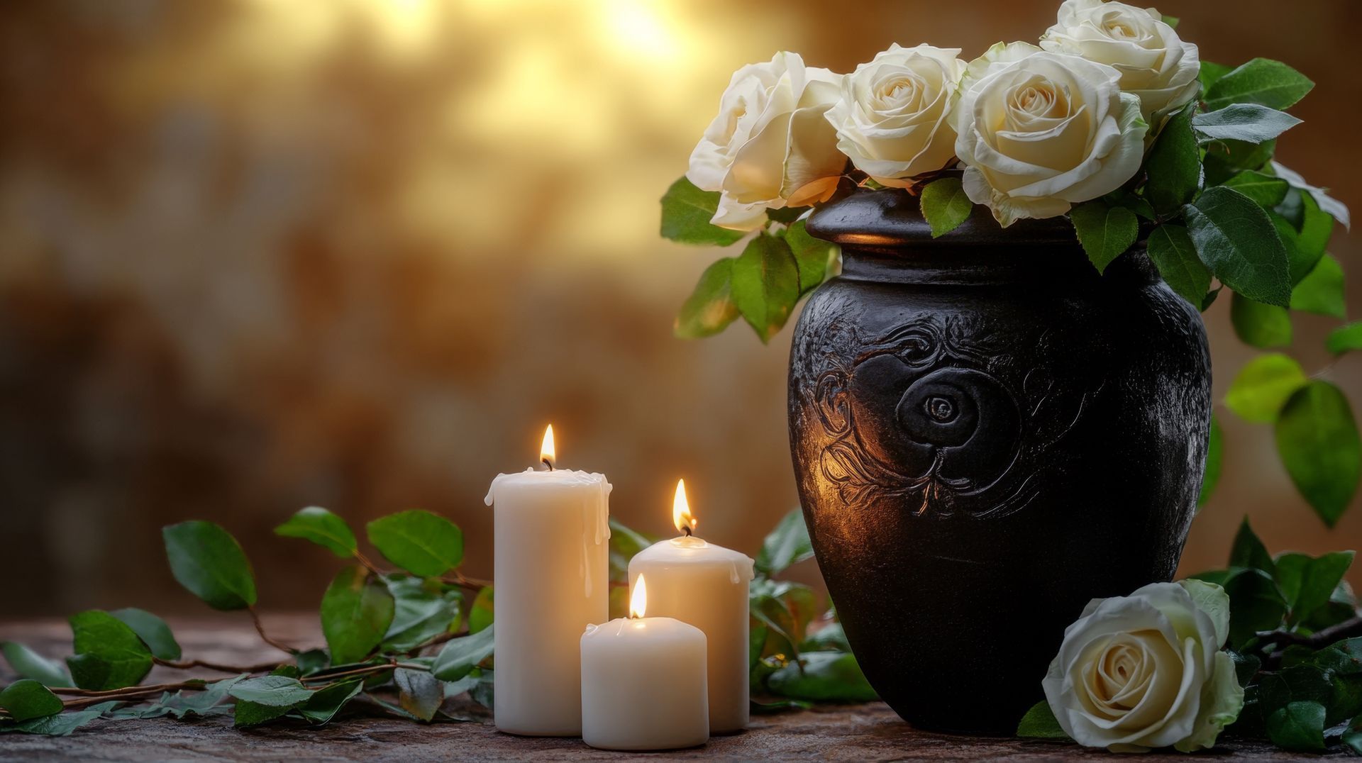 Des roses blanches dans un vase noir, près de bougies allumées sur une surface rustique, avec une douce lumière chaude en arrière-plan.