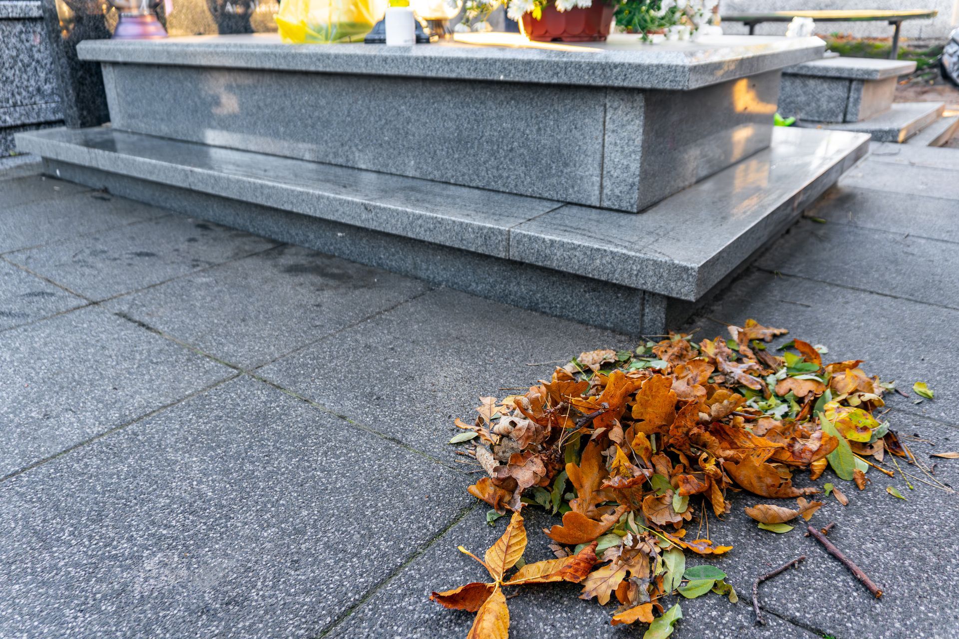 Un tas de feuilles d'automne orange et brunes sur une allée de pierre grise, à côté d'une plateforme surélevée en granit.