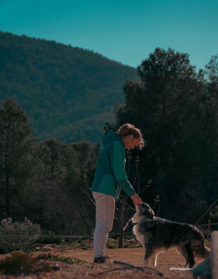 Una persona con una chaqueta turquesa acaricia a un perro peludo al aire libre con montañas de fondo.