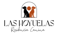 Logotipo de Las Hoyuelas Residencia Canina con siluetas de perros en negro y naranja bajo un arco.
