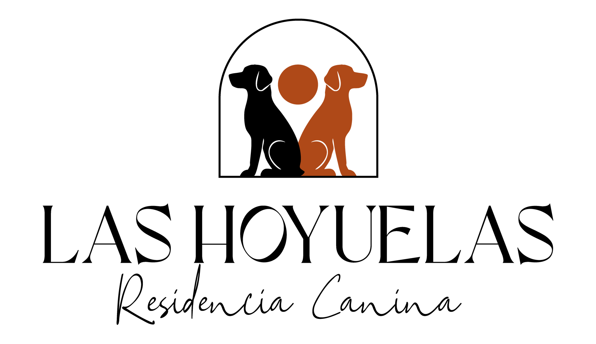 Logotipo de Las Hoyuelas Residencia Canina con siluetas de perros en negro y naranja bajo un arco.