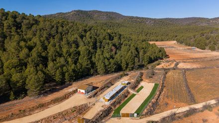 Vista aérea del borde de un bosque y un terreno despejado para la construcción, con caminos de tierra