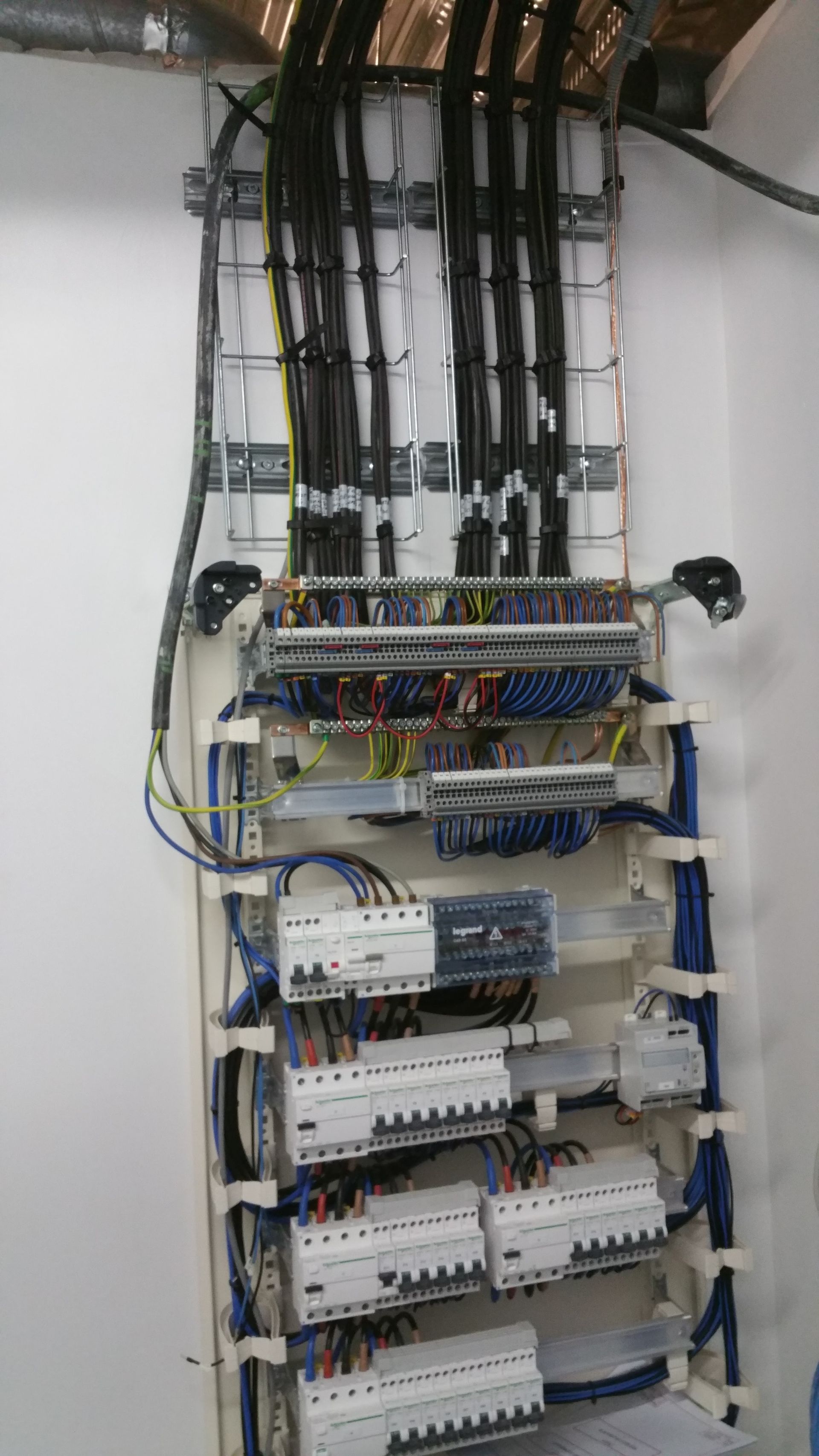 Tableau de commande électrique avec rangées de disjoncteurs, câblage et faisceaux de câbles fixés au mur.