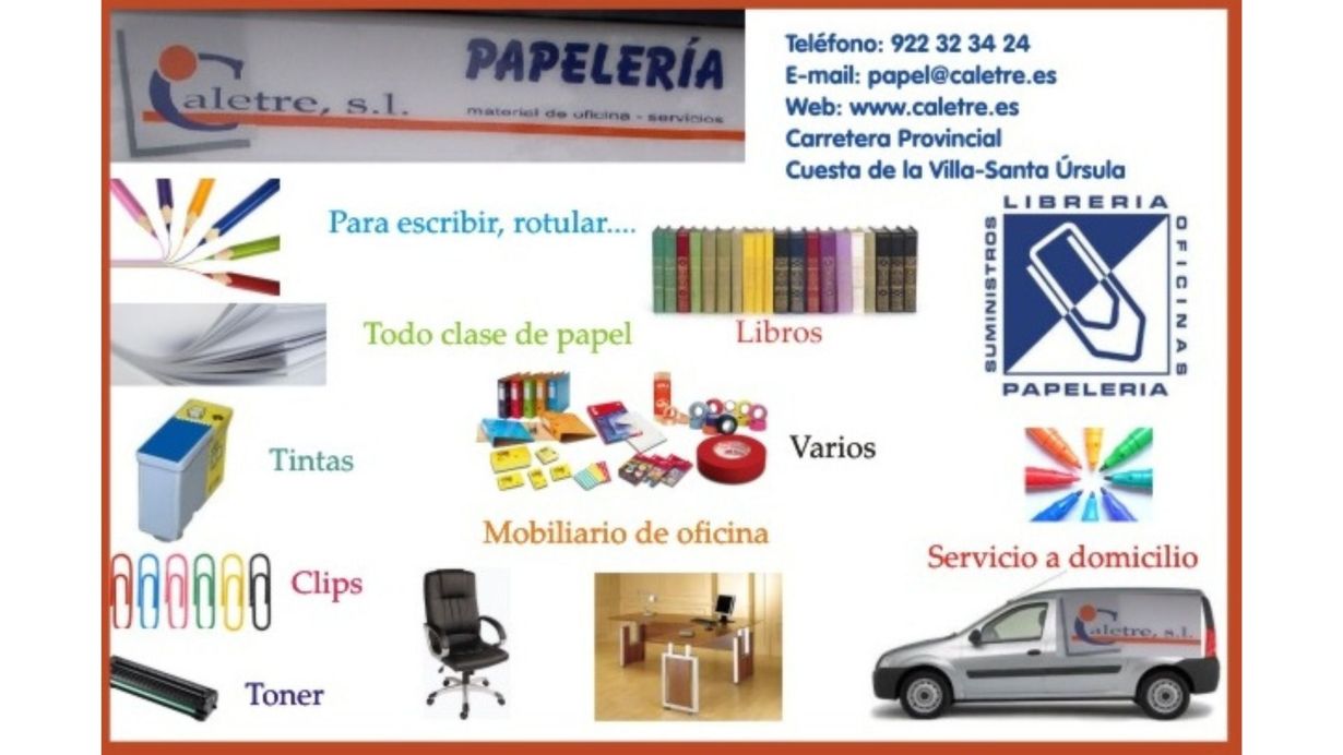 Anuncio de escaparate de Papelería que muestra suministros de oficina, libros y una camioneta de reparto.