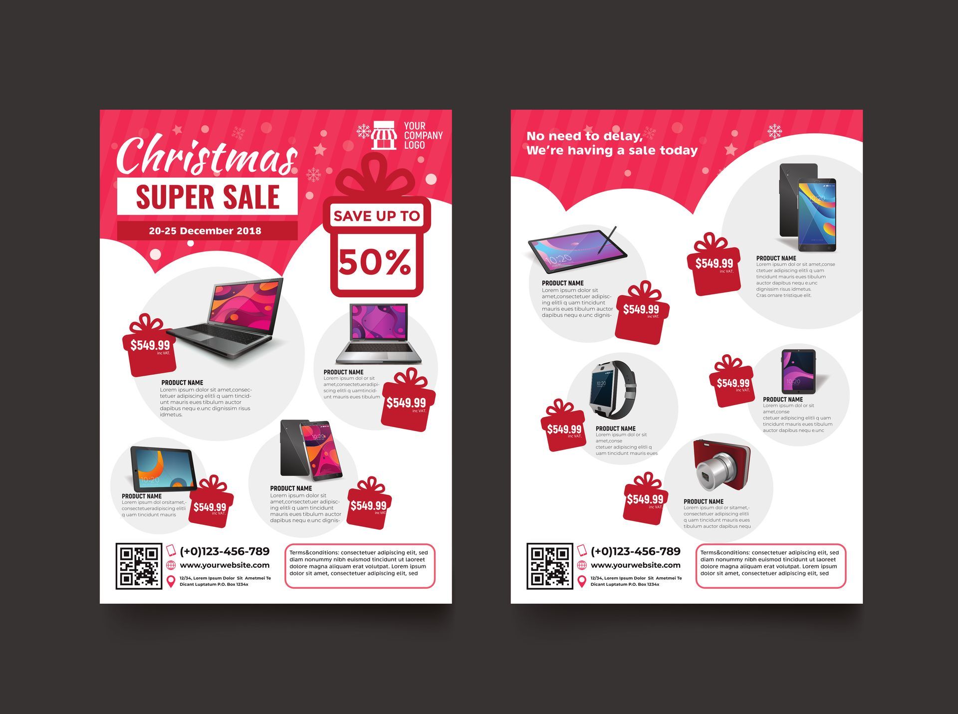 Folleto de Superofertas Navideñas con artículos electrónicos en rojo, blanco y rosa. Ofertas de hasta el 50 % de descuento. Incluye laptops, tabletas y relojes inteligentes.