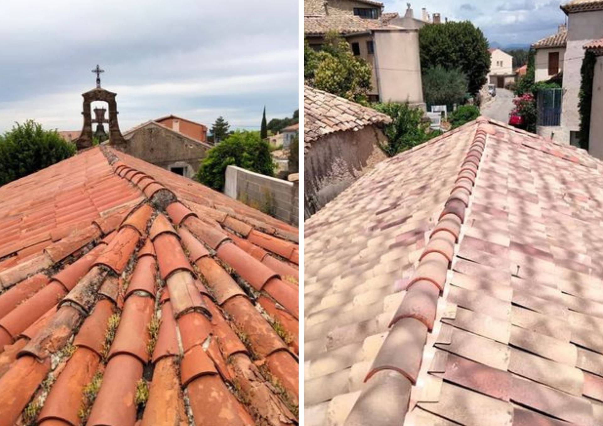 Toitures en tuiles avec un clocher en arrière-plan