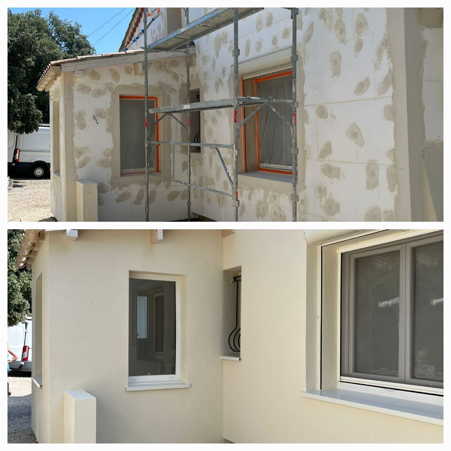 Montage de deux photos présentant une rénovation de murs avant et après