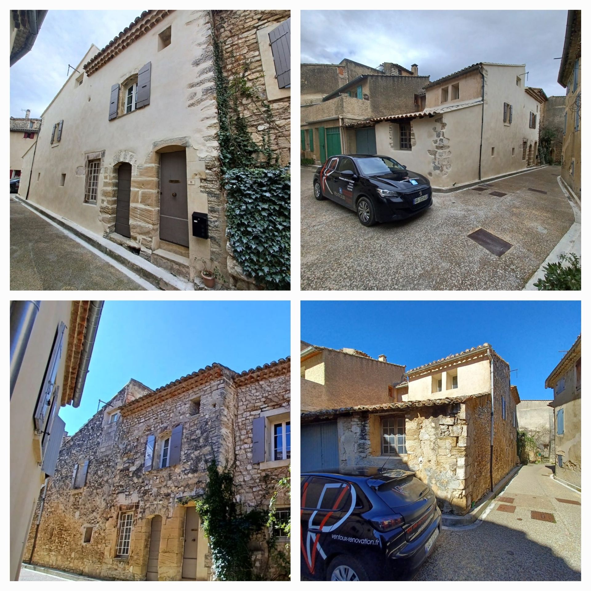 Quatre photos montrant la façade d'une maison à Venasque rénovée