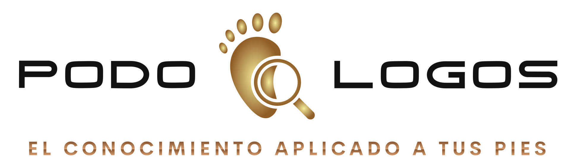 Podo Logos logo with a gold footprint and the tagline “El conocimiento aplicado a tus pies”