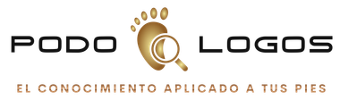 Podo Logos logo with a gold footprint and the tagline &ldquo;El conocimiento aplicado a tus pies&rdquo;