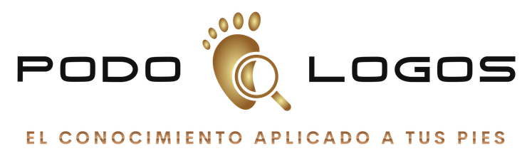 Podo Logos logo with a gold footprint and the tagline “El conocimiento aplicado a tus pies”