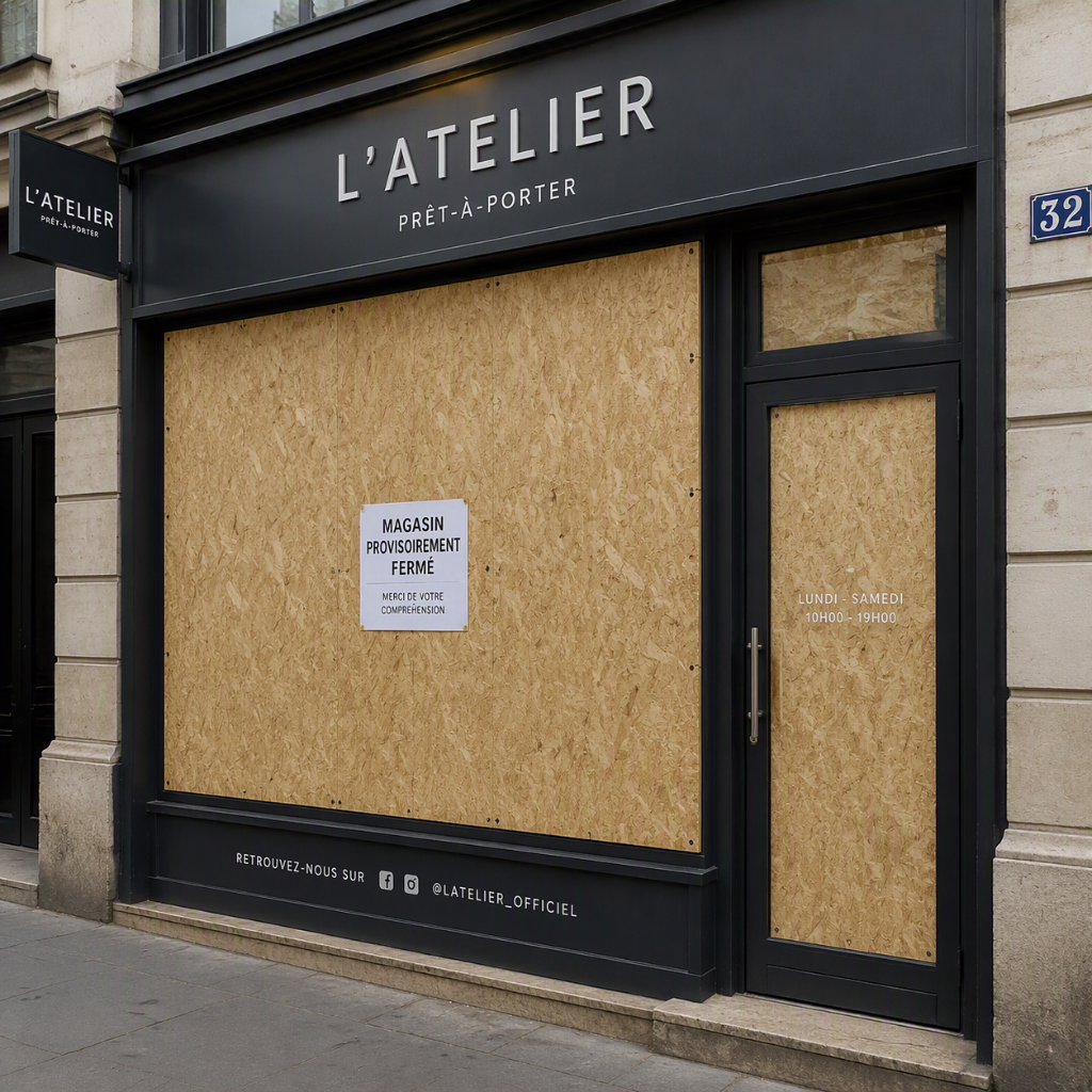 Façade de magasin avec des panneaux provisoires
