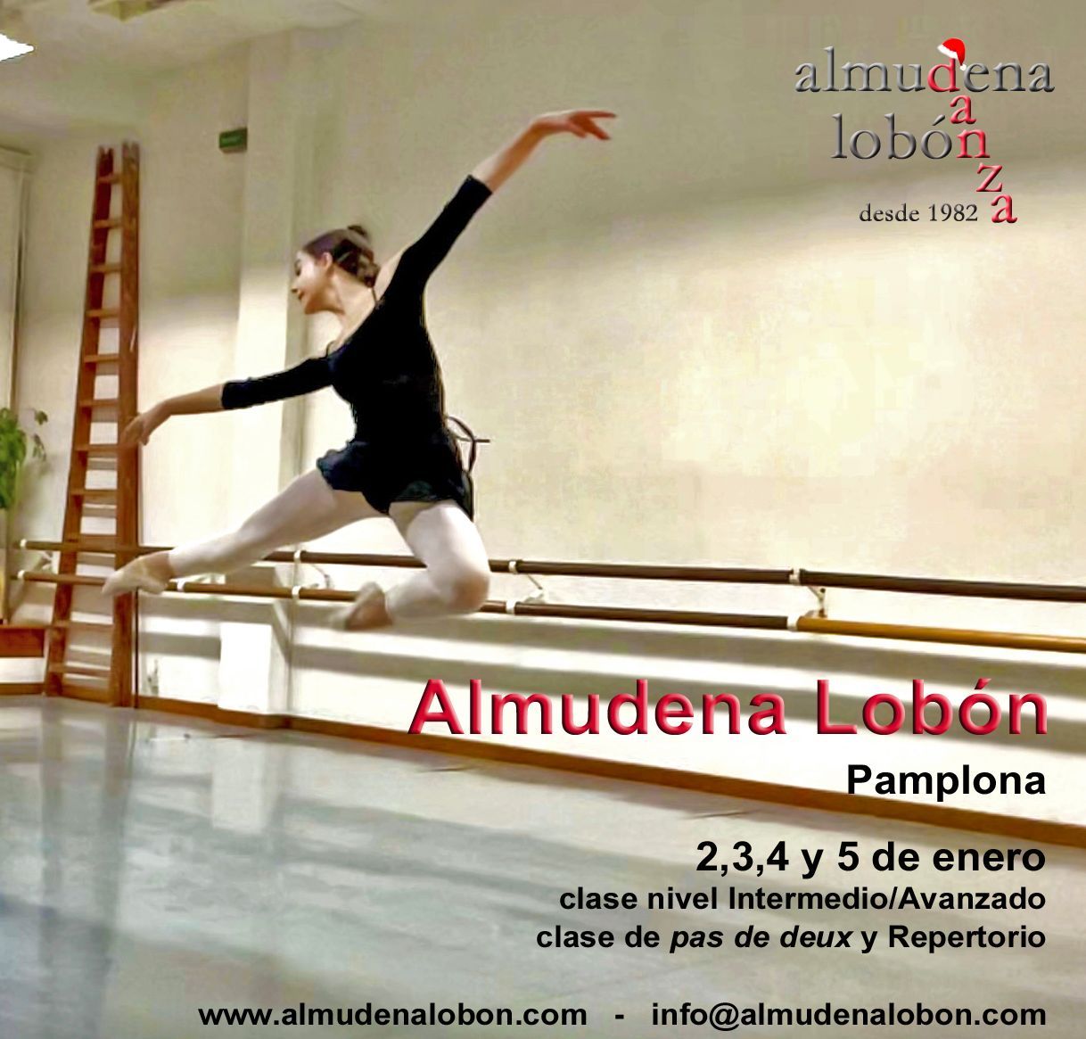 Bailarina de ballet saltando en el estudio; anuncio de las clases de baile de Almudena Lobón en Pamplona, España.