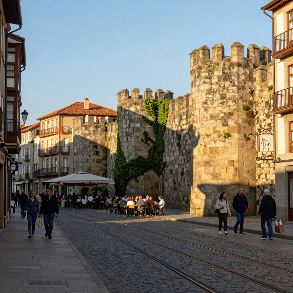 Gente paseando junto a las murallas de piedra de una fortaleza en una soleada calle histórica con vías de tranvía.