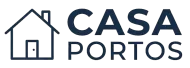 Logotipo de Casa Portos con icono de casa azul marino y texto sobre fondo blanco.