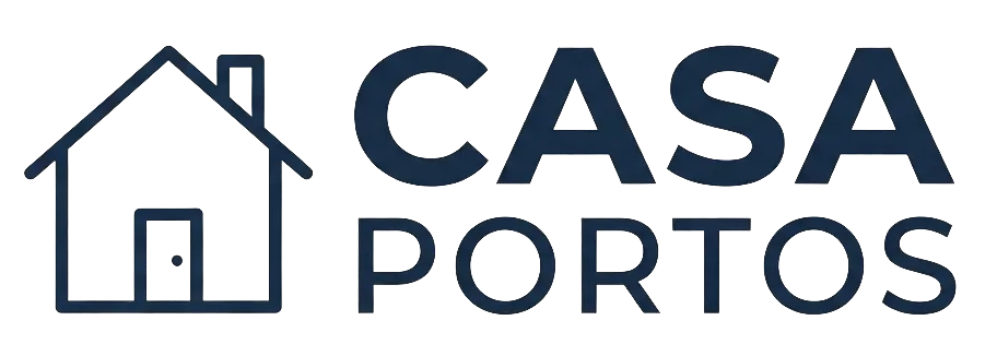 Logotipo de Casa Portos con icono de casa azul marino y texto sobre fondo blanco.