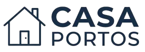 Logotipo de Casa Portos con icono de casa azul marino y texto sobre fondo blanco.