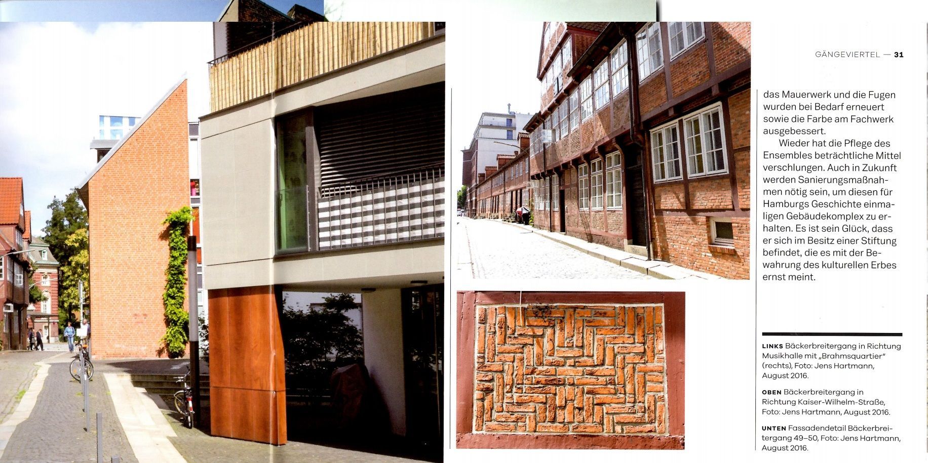 Street view with buildings, some brick, some modern. A maze made of wooden blocks.