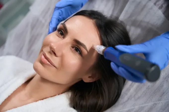 Una persona recibe un procedimiento cosmético con un dispositivo portátil mientras está tumbada en un spa.