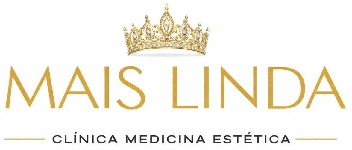 Una corona dorada sobre el texto "MAIS LINDA" y el subt&iacute;tulo "CL&Iacute;NICA MEDICINA EST&Eacute;TICA" en dorado sobre un fondo blanco.