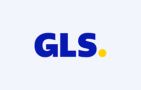 Logo GLS : lettres bleues « GLS » avec un point jaune sur fond bleu clair.