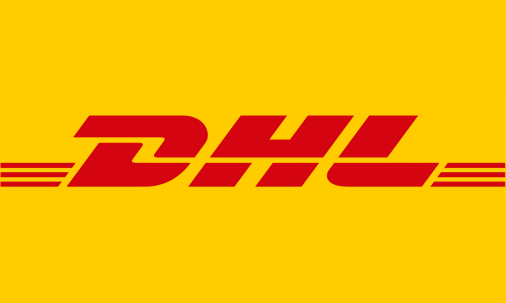 Logo DHL : Texte « DHL » rouge sur fond jaune, avec des lignes horizontales rouges.