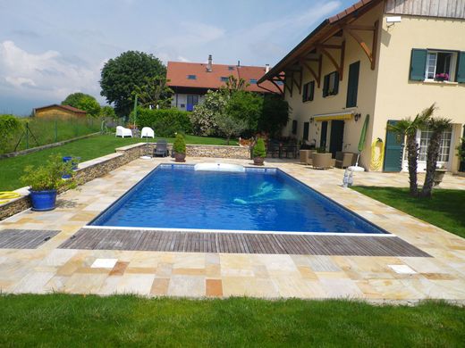 Piscine dans un jardin, à côté d’une maison, avec une terrasse pavée.