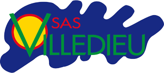 Logo de la SARL Villedieu compos&eacute; d'un V vert, d'un cercle jaune &agrave; contour rouge et d'un texte bleu sur une forme abstraite bleue.