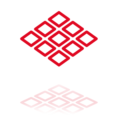 Un logo rouge en forme de losange composé de neuf contours de losanges plus petits disposés en grille 3x3, avec un léger reflet miroir.