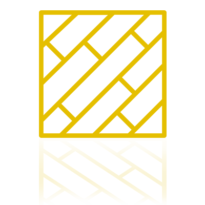 Une icône carrée dorée présentant un motif diagonal et décalé rappelant des lames de parquet, avec un doux reflet en dessous.