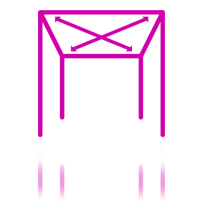 Une icône magenta au trait représentant une table à quatre pieds avec des flèches diagonales traversant le plateau.