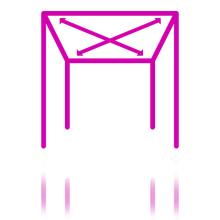 Une icône magenta au trait représentant une table à quatre pieds avec des flèches diagonales traversant le plateau.