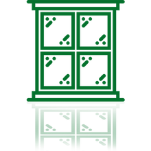 Une icône vert foncé représentant une fenêtre à quatre carreaux avec un reflet en dessous.