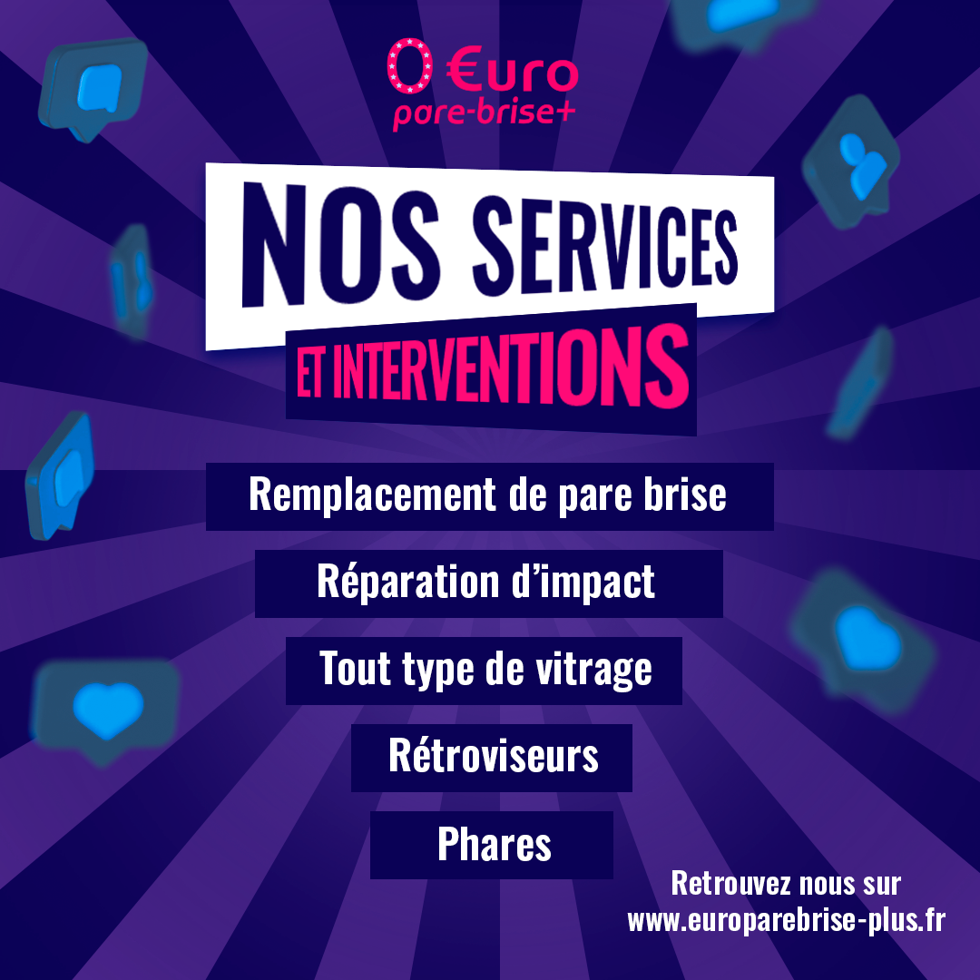 Affiche promotionnelle récapitulant les services et interventions proposés par Euro Pare-Brise Plus.