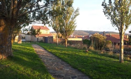 Un sendero de piedra serpentea a través de un parque cubierto de hierba hacia un pueblo con casas de ladrillo y árboles.