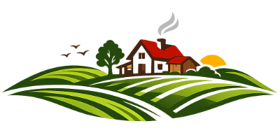 Una ilustración estilizada de una granja que muestra una casa con techo rojo, un campo verde, un árbol.