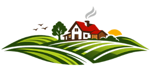 Una ilustración estilizada de una granja que muestra una casa con techo rojo, un campo verde, un árbol.