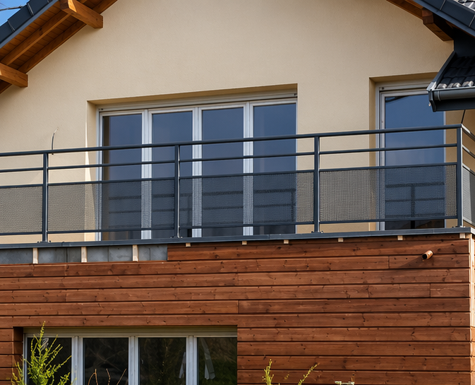 Balcon d'une maison moderne avec balustrade grise surplombant une façade en bois et de grandes portes coulissantes en verre