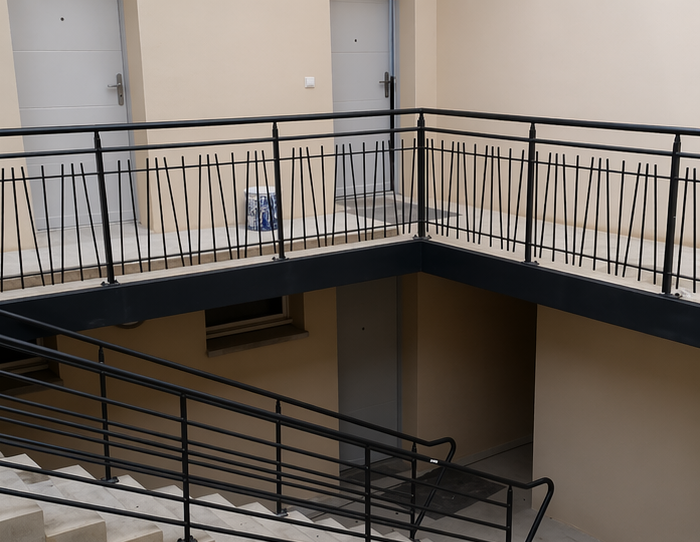 Cage d'escalier intérieure avec rampes en métal noir et murs beiges autour d'une ouverture centrale