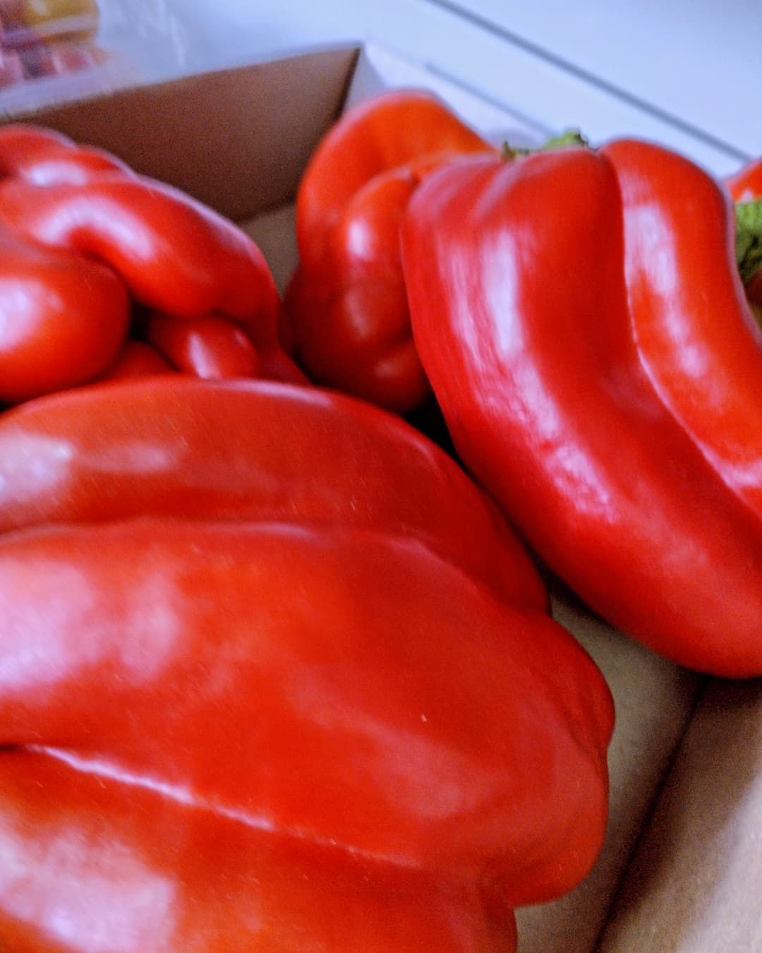 Pimientos rojos en una caja de cartón, vista de cerca.