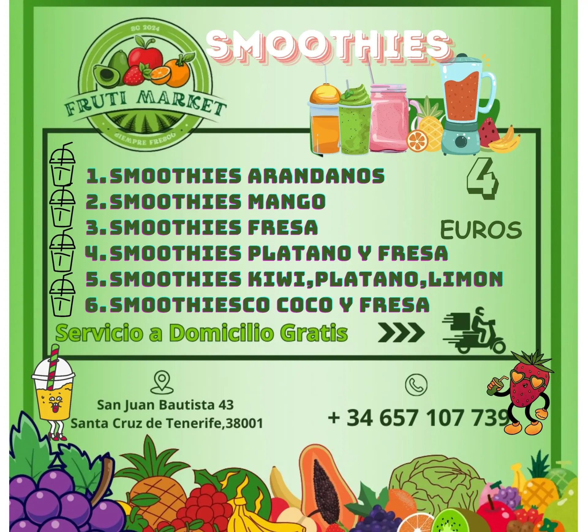 Menú de Smoothies de Fruti Market, con listado de sabores, precio, entrega e información de contacto, en Santa Cruz de Tenerife.